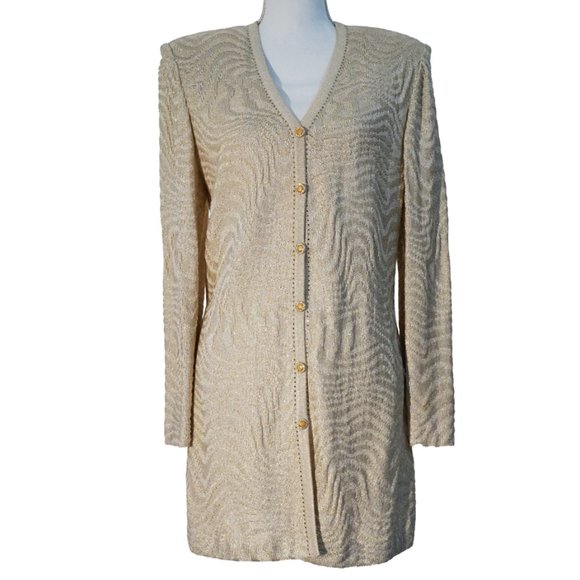 St. John Evening Gold Animal-Texture Santana Knit Long Cardigan